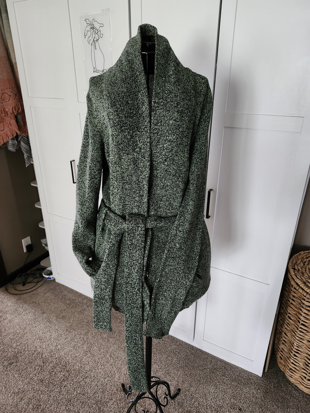 BDG Button Up Green Marled Knit Wrap Trench Cardigan with Belt.